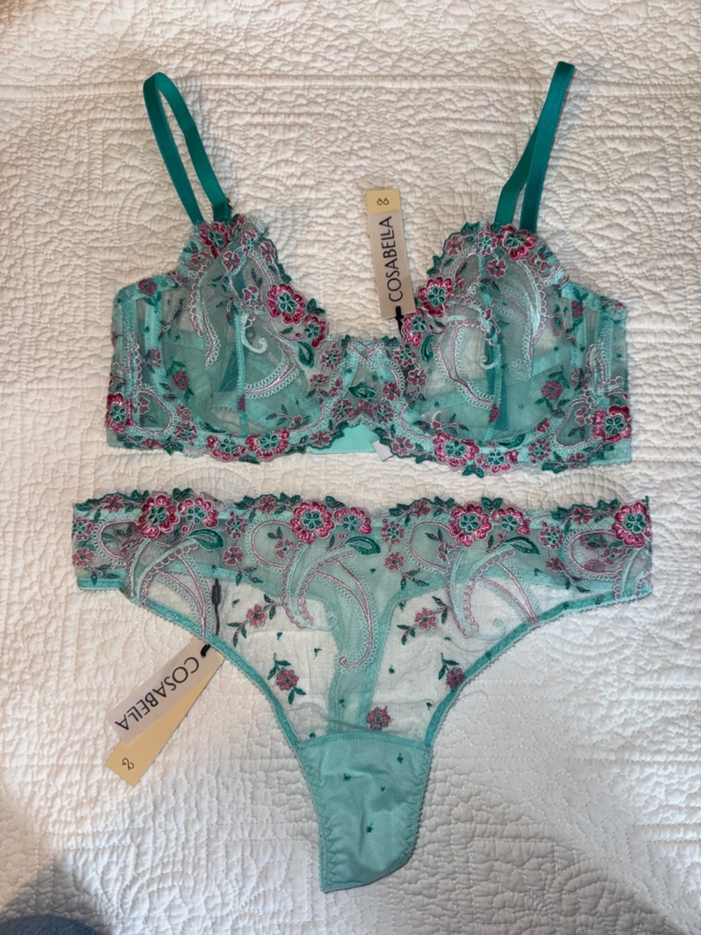 Cosabella Teal Embroidered Floral Lace Underwire Bra & thong panty set